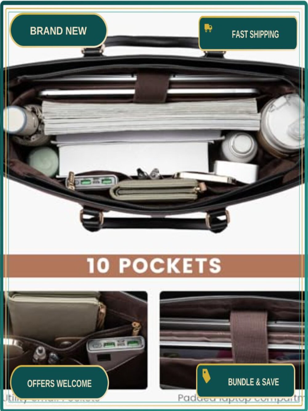 Waterproof PU Leather Laptop Tote Bag Fits 15.6in, Work Shoulder Handbag with - Picture 3 of 5